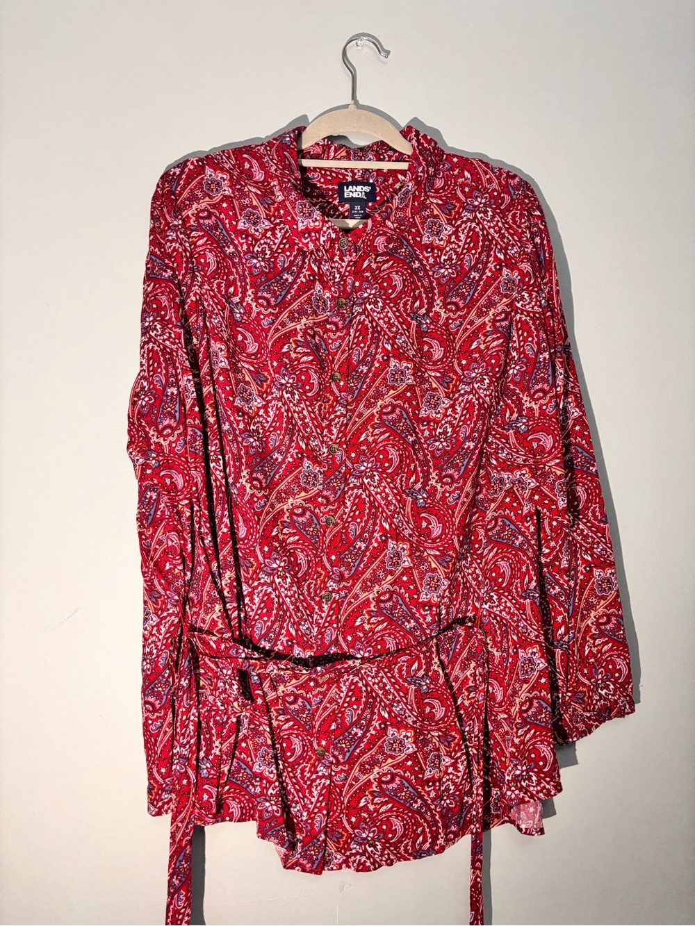 Lands' End Red Paisley Shirt with Tie Waist